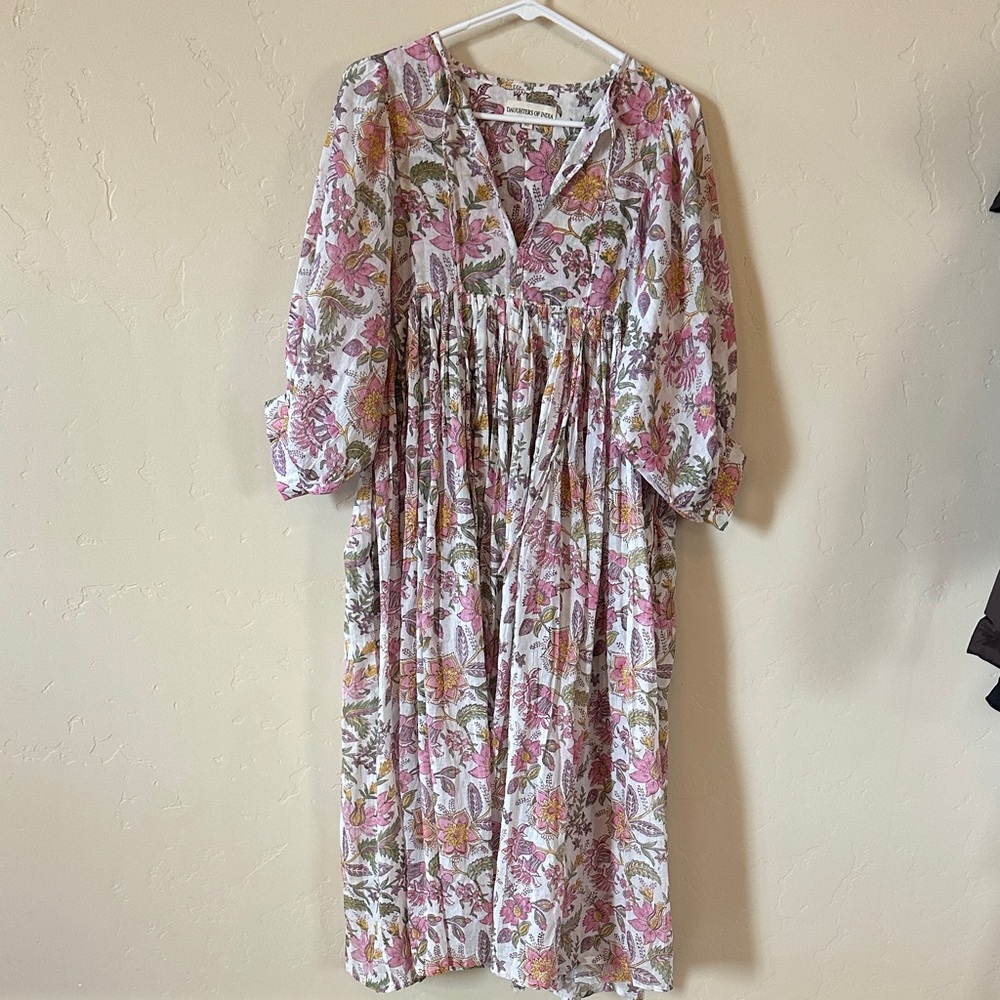 Daughters of India Pink and Green Floral Midi Dress